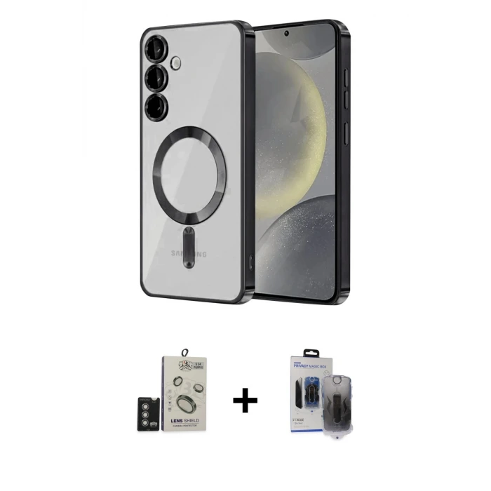 ieg™ Galaxy S24 Kılıf Nova Işık Özel Seri - Siyah Vanessa Magic Hayalet Cam + Bilvis Titan Kamera Lens - DNMR