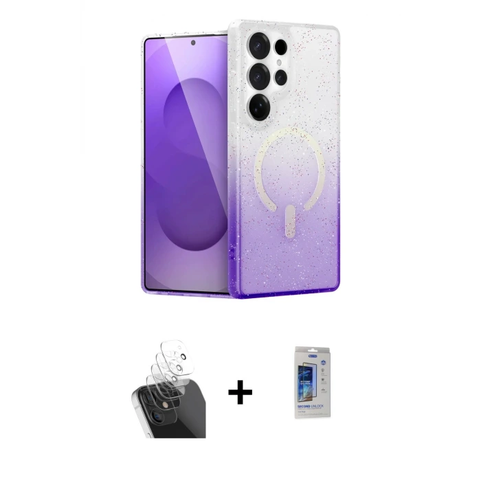 ieg™ Galaxy S24 Ultra Kılıf Eksen Minimal Özel Seri - Siyah Durable Full Glue Curved Cam + Kamera Lens Koruma Cam - SF