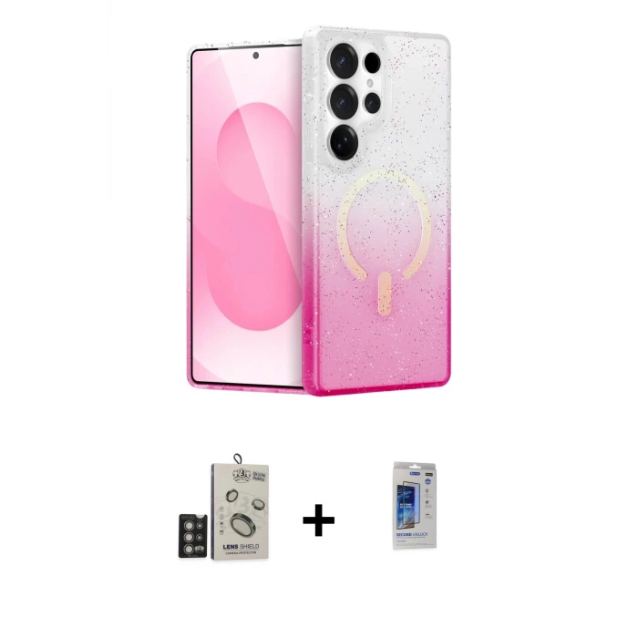 ieg™ Galaxy S24 Ultra Kılıf Eksen Minimal Özel Seri - Siyah Durable Full Glue Curved Hayalet Cam + Bilvis Titan Kamera Lens - DNMR