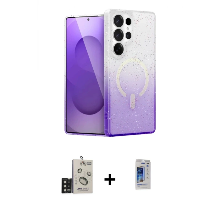 ieg™ Galaxy S24 Ultra Kılıf Eksen Minimal Özel Seri - Siyah Durable Full Glue Curved Hayalet Cam + Bilvis Titan Kamera Lens - SH