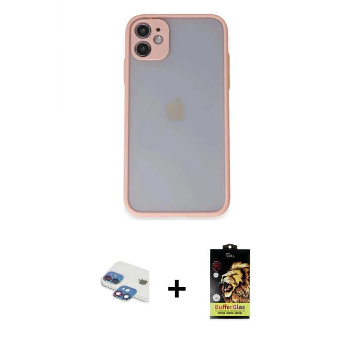 ieg™ iPhone 11 Kılıf Ahenk Çizgi Serisi - Siyah Buffer Cam Ekran Koruyucu + Pers Alüminyum Kamera Lens - GI