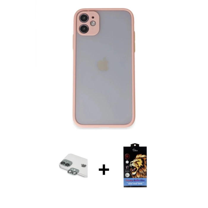 ieg™ iPhone 11 Kılıf Ahenk Çizgi Serisi - Siyah Buffer Hayalet Cam Ekran Koruyucu + Pers Alüminyum Kamera Lens - YL