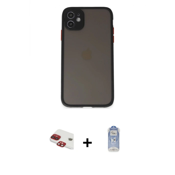 ieg™ iPhone 11 Kılıf Ahenk Çizgi Serisi - Siyah Joko Magic 5D Cam + Pers Alüminyum Kamera Lens - KI