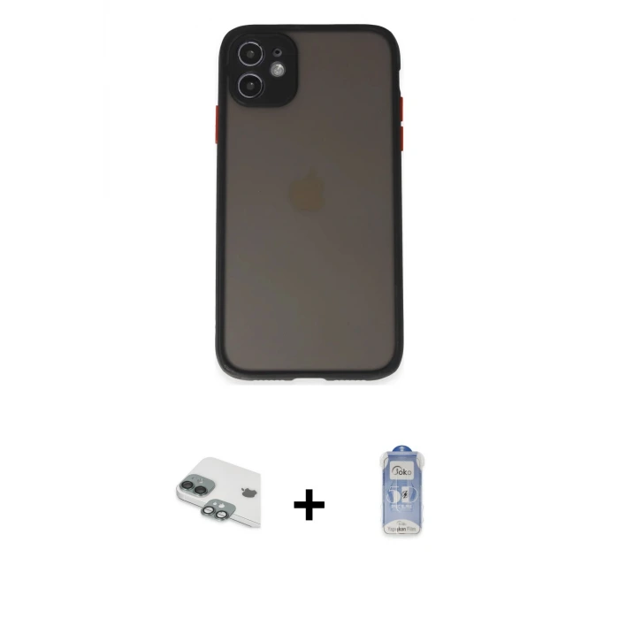 ieg™ iPhone 11 Kılıf Ahenk Çizgi Serisi - Siyah Joko Magic 5D Cam + Pers Alüminyum Kamera Lens - YL