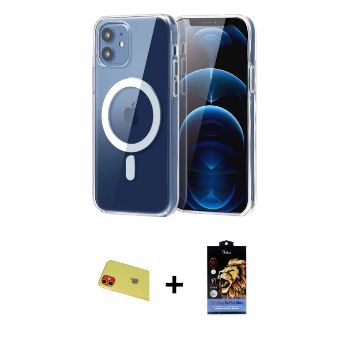 ieg™ iPhone 11 Kılıf Ahenk Minimal Serisi - Siyah Buffer Hayalet Cam Ekran Koruyucu + Rainbow Kamera Lens Koruma Cam - KI