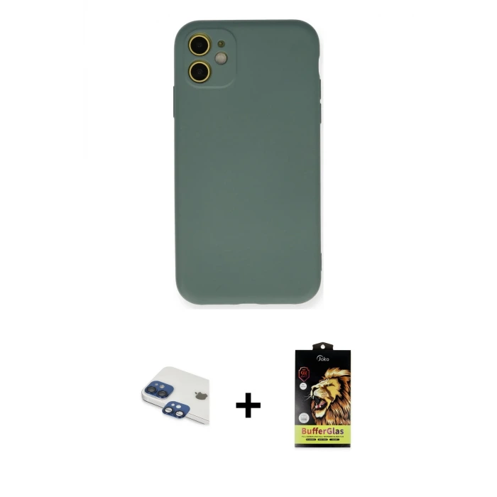 ieg™ iPhone 11 Kılıf Ahenk Serisi - Siyah Buffer Cam Ekran Koruyucu + Pers Alüminyum Kamera Lens - LT
