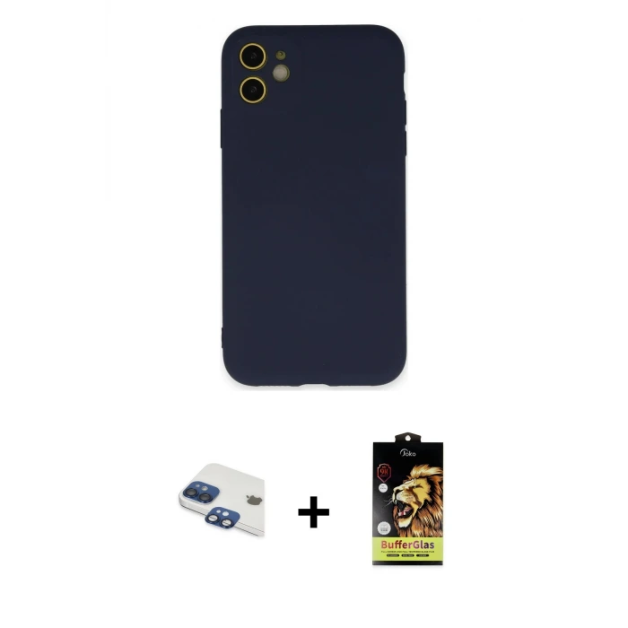 ieg™ iPhone 11 Kılıf Ahenk Serisi - Siyah Buffer Cam Ekran Koruyucu + Pers Alüminyum Kamera Lens - LT