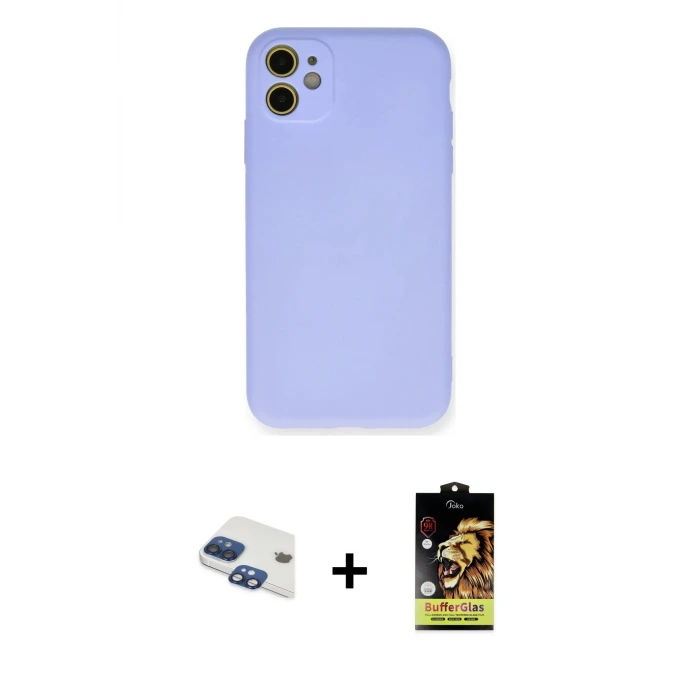 ieg™ iPhone 11 Kılıf Ahenk Serisi - Siyah Buffer Cam Ekran Koruyucu + Pers Alüminyum Kamera Lens - LT