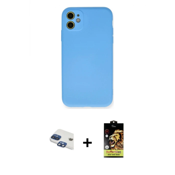 ieg™ iPhone 11 Kılıf Ahenk Serisi - Siyah Buffer Cam Ekran Koruyucu + Pers Alüminyum Kamera Lens - LT