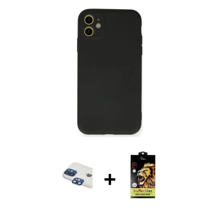 ieg™ iPhone 11 Kılıf Ahenk Serisi - Siyah Buffer Cam Ekran Koruyucu + Pers Alüminyum Kamera Lens - LT