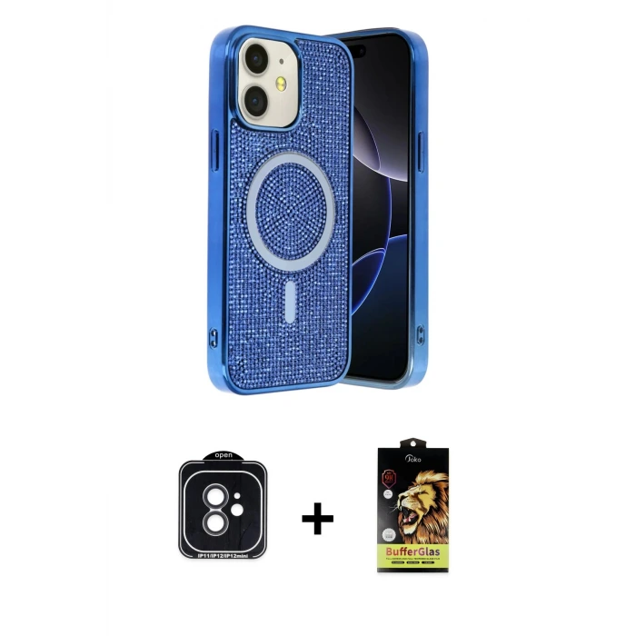 ieg™ iPhone 11 Kılıf Eksen Çizgi - Siyah Buffer Cam Ekran Koruyucu + PVD Metal Kamera Lens - SH