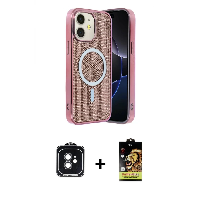 ieg™ iPhone 11 Kılıf Eksen Çizgi - Siyah Buffer Cam Ekran Koruyucu + PVD Metal Kamera Lens - SH