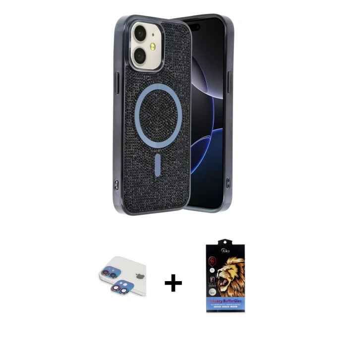 ieg™ iPhone 11 Kılıf Eksen Çizgi - Siyah Buffer Hayalet Cam Ekran Koruyucu + Pers Alüminyum Kamera Lens - GI