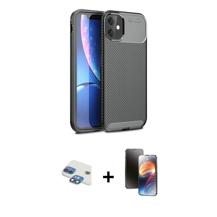 ieg™ iPhone 11 Kılıf Eksen Form Prime - Siyah 3D Antistatik Mat Seramik Nano Ekran Koruyucu + Pers Alüminyum Kamera Lens - GI
