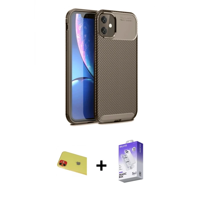 ieg™ iPhone 11 Kılıf Eksen Form Prime - Siyah Bilvis 5in1 3D Magic Cam Ekran Koruyucu + Rainbow Kamera Lens Koruma Cam - KI