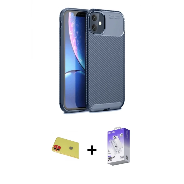 ieg™ iPhone 11 Kılıf Eksen Form Prime - Siyah Bilvis 5in1 3D Magic Cam Ekran Koruyucu + Rainbow Kamera Lens Koruma Cam - KI