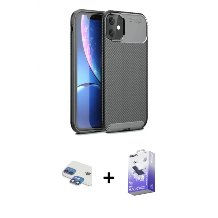 ieg™ iPhone 11 Kılıf Eksen Form Prime - Siyah Bilvis 5in1 5D Magic Hayalet Cam Ekran Koruyucu + Pers Alüminyum Kamera Lens - GI