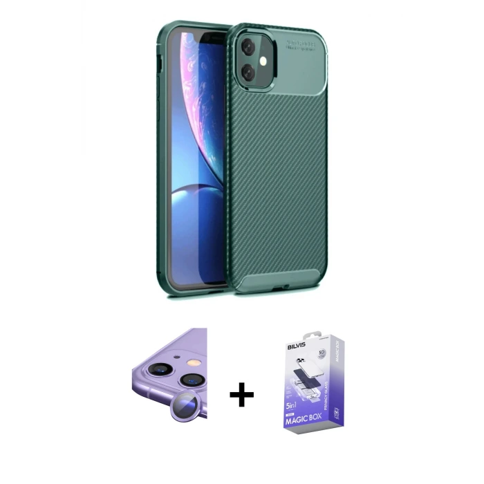 ieg™ iPhone 11 Kılıf Eksen Form Prime - Siyah Bilvis 5in1 5D Magic Hayalet Cam Ekran Koruyucu + Raze Metal Kamera Lens - MR