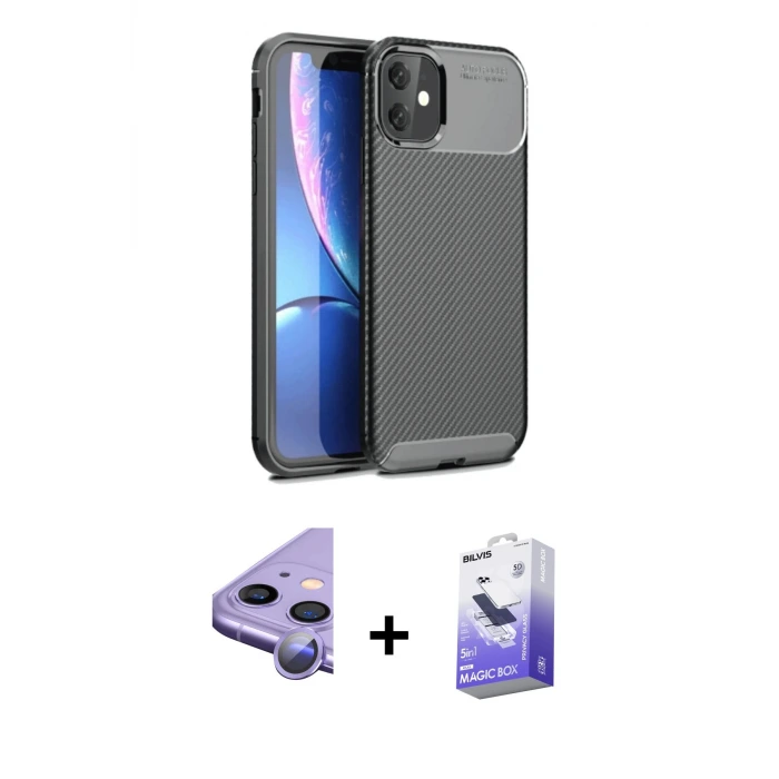 ieg™ iPhone 11 Kılıf Eksen Form Prime - Siyah Bilvis 5in1 5D Magic Hayalet Cam Ekran Koruyucu + Raze Metal Kamera Lens - MR