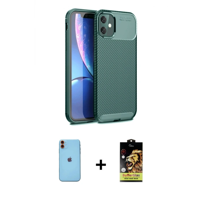 ieg™ iPhone 11 Kılıf Eksen Form Prime - Siyah Buffer Cam Ekran Koruyucu + Neon Fosforlu Kamera Lens - TU