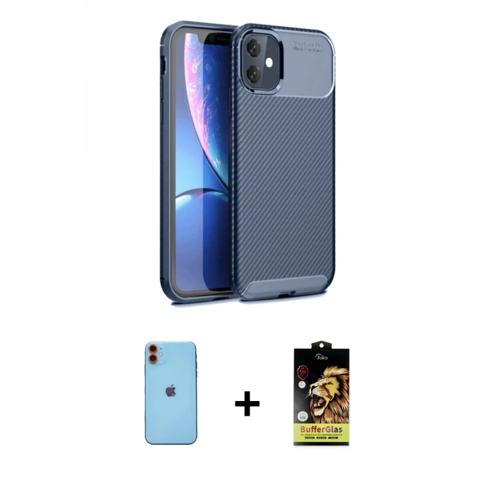 ieg™ iPhone 11 Kılıf Eksen Form Prime - Siyah Buffer Cam Ekran Koruyucu + Neon Fosforlu Kamera Lens - TU