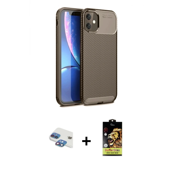 ieg™ iPhone 11 Kılıf Eksen Form Prime - Siyah Buffer Cam Ekran Koruyucu + Pers Alüminyum Kamera Lens - GI