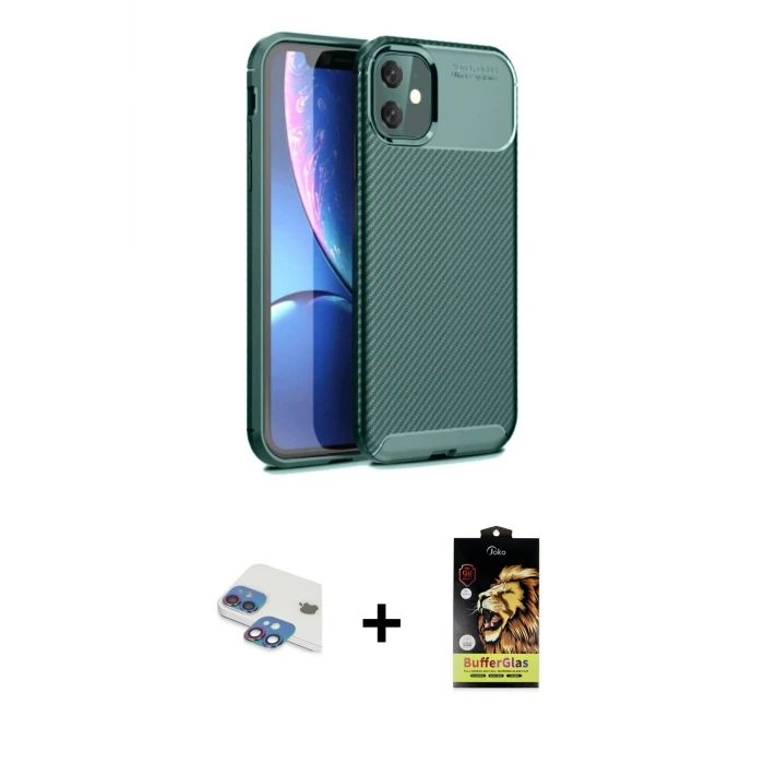 ieg™ iPhone 11 Kılıf Eksen Form Prime - Siyah Buffer Cam Ekran Koruyucu + Pers Alüminyum Kamera Lens - GI