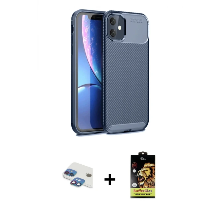 ieg™ iPhone 11 Kılıf Eksen Form Prime - Siyah Buffer Cam Ekran Koruyucu + Pers Alüminyum Kamera Lens - GI