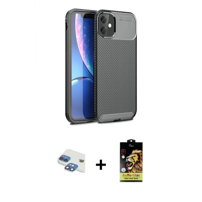 ieg™ iPhone 11 Kılıf Eksen Form Prime - Siyah Buffer Cam Ekran Koruyucu + Pers Alüminyum Kamera Lens - GI