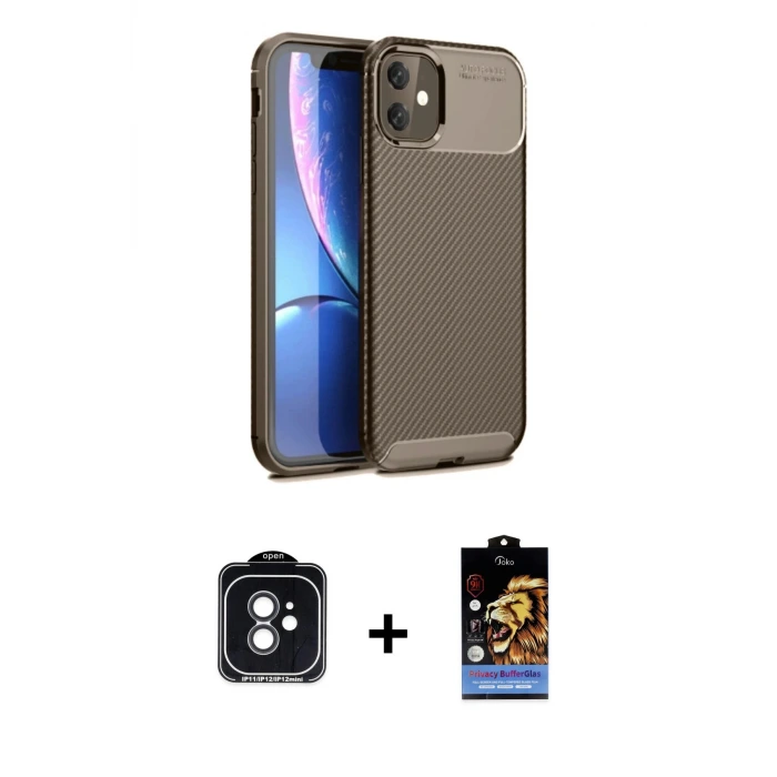 ieg™ iPhone 11 Kılıf Eksen Form Prime - Siyah Buffer Hayalet Cam Ekran Koruyucu + PVD Metal Kamera Lens - SH