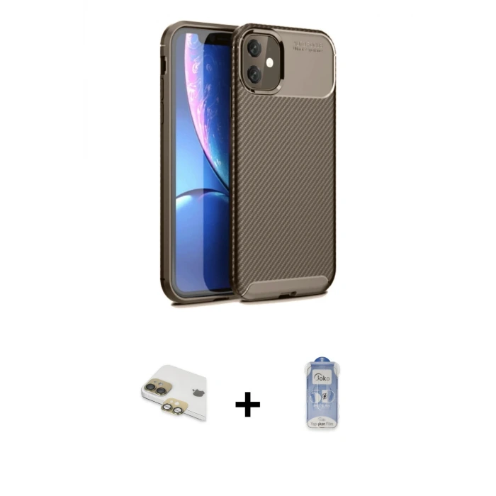 ieg™ iPhone 11 Kılıf Eksen Form Prime - Siyah Joko Magic 5D Cam + Pers Alüminyum Kamera Lens - GD