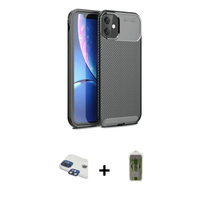ieg™ iPhone 11 Kılıf Eksen Form Prime - Siyah Joko Magic 5D Hayalet Cam + Pers Alüminyum Kamera Lens - LT