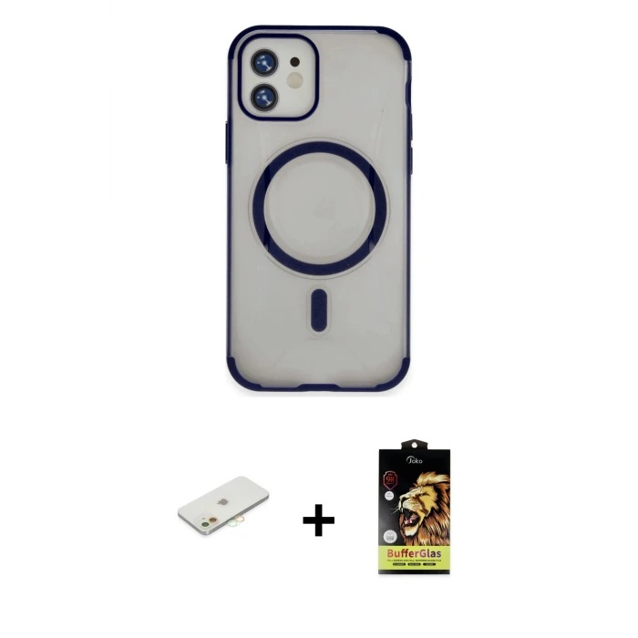 ieg™ iPhone 11 Kılıf Eksen Klasik Koleksiyonu - Siyah Buffer Cam Ekran Koruyucu + Renkli Kamera Lens Koruma Cam - TU