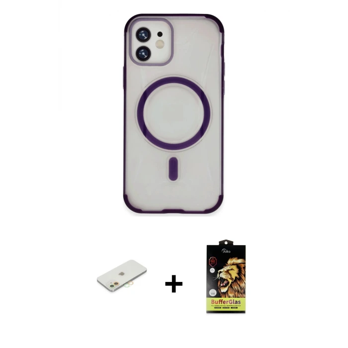 ieg™ iPhone 11 Kılıf Eksen Klasik Koleksiyonu - Siyah Buffer Cam Ekran Koruyucu + Renkli Kamera Lens Koruma Cam - TU