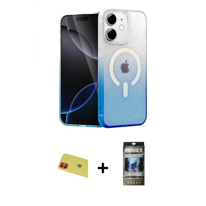 ieg™ iPhone 11 Kılıf Eksen Minimal Özel Seri - Siyah 34D Hayalet Izgaralı Cam + Rainbow Kamera Lens Koruma Cam - KI