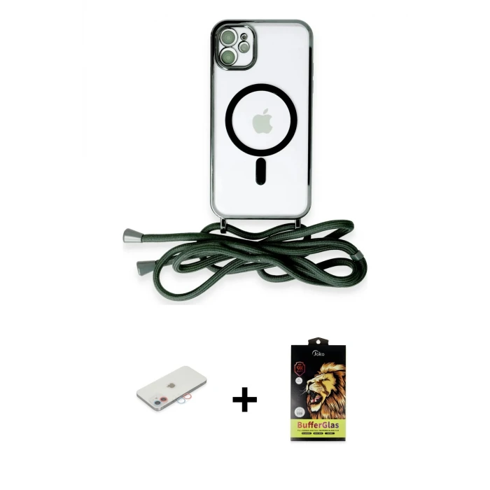 ieg™ iPhone 11 Kılıf Eksen Özel Seri - Siyah Buffer Cam Ekran Koruyucu + Renkli Kamera Lens Koruma Cam - PE