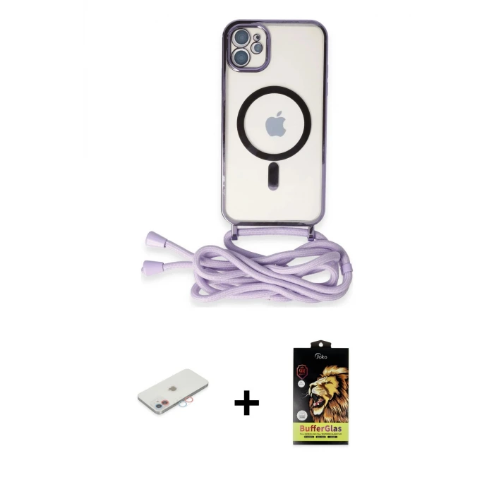 ieg™ iPhone 11 Kılıf Eksen Özel Seri - Siyah Buffer Cam Ekran Koruyucu + Renkli Kamera Lens Koruma Cam - PE