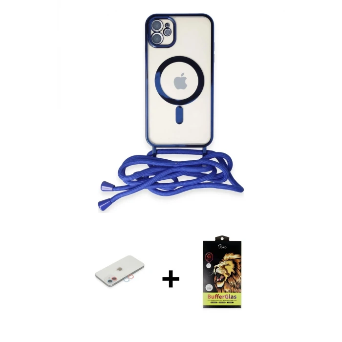 ieg™ iPhone 11 Kılıf Eksen Özel Seri - Siyah Buffer Cam Ekran Koruyucu + Renkli Kamera Lens Koruma Cam - PE