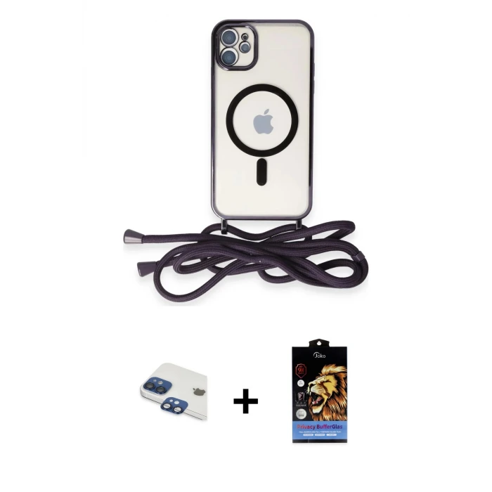 ieg™ iPhone 11 Kılıf Eksen Özel Seri - Siyah Buffer Hayalet Cam Ekran Koruyucu + Pers Alüminyum Kamera Lens - LT