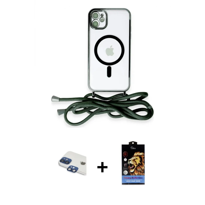 ieg™ iPhone 11 Kılıf Eksen Özel Seri - Siyah Buffer Hayalet Cam Ekran Koruyucu + Pers Alüminyum Kamera Lens - LT