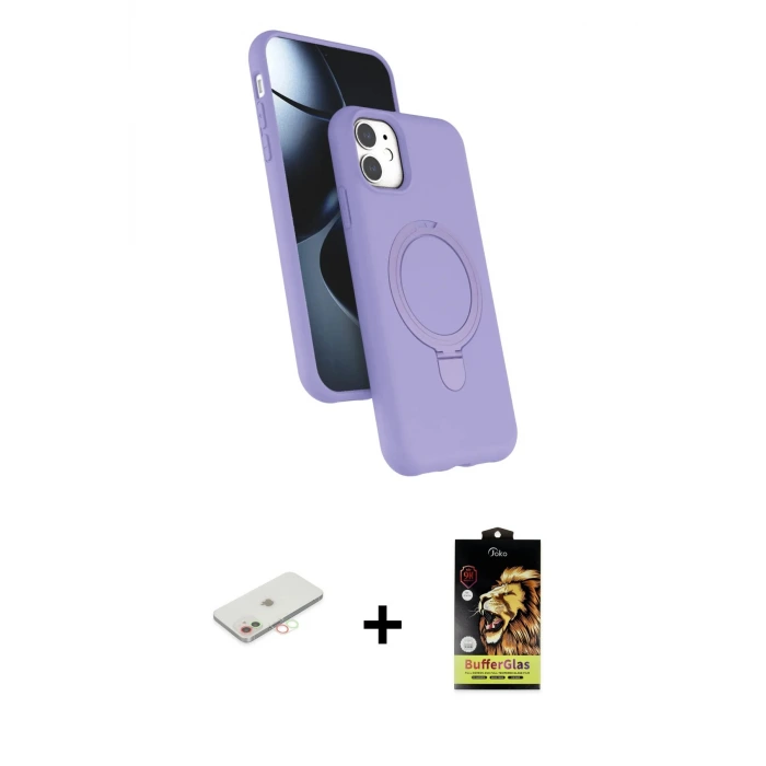 ieg™ iPhone 11 Kılıf İz Işık Koleksiyonu - Siyah Buffer Cam Ekran Koruyucu + Renkli Kamera Lens Koruma Cam - YL