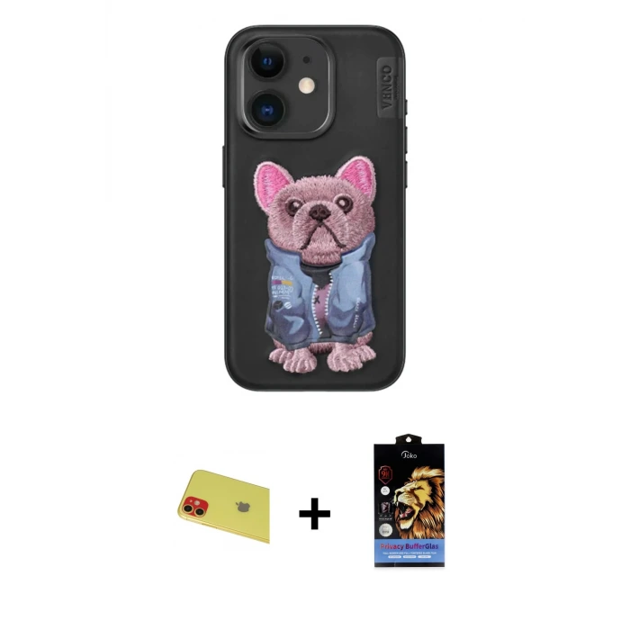 ieg™ iPhone 11 Kılıf İz Minimal Koleksiyonu - Siyah Buffer Hayalet Cam Ekran Koruyucu + Rainbow Kamera Lens Koruma Cam - KI
