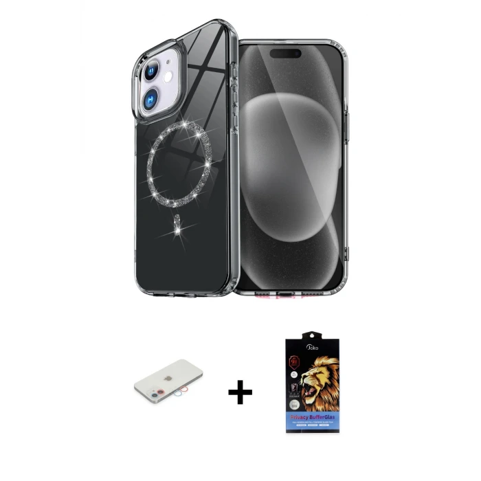 ieg™ iPhone 11 Kılıf Kıvılcım Form Prime - Siyah Buffer Hayalet Cam Ekran Koruyucu + Renkli Kamera Lens Koruma Cam - PE