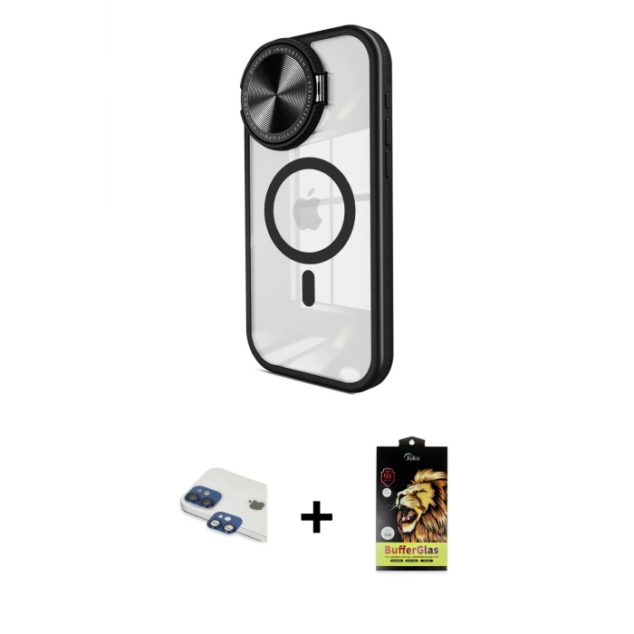 ieg™ iPhone 11 Kılıf Kıvılcım Modern Koleksiyonu - Siyah Buffer Cam Ekran Koruyucu + Pers Alüminyum Kamera Lens - LT