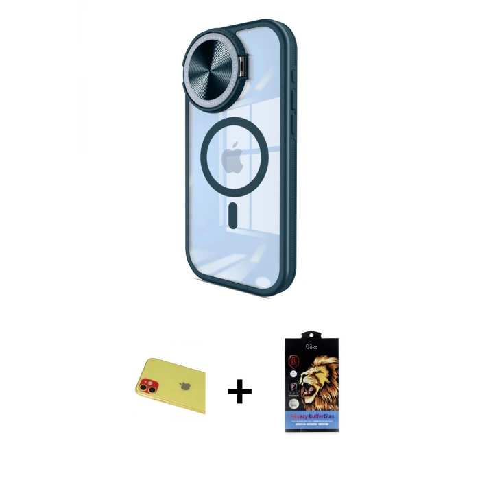 ieg™ iPhone 11 Kılıf Kıvılcım Modern Koleksiyonu - Siyah Buffer Hayalet Cam Ekran Koruyucu + Rainbow Kamera Lens Koruma Cam - KI