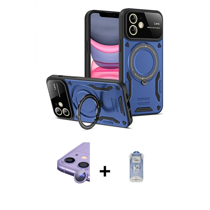 ieg™ iPhone 11 Kılıf Kıvılcım Modern Serisi - Siyah Joko Magic 5D Cam + Raze Metal Kamera Lens - MR