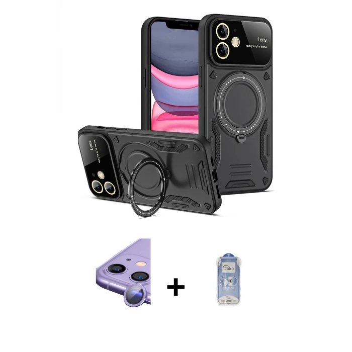 ieg™ iPhone 11 Kılıf Kıvılcım Modern Serisi - Siyah Joko Magic 5D Cam + Raze Metal Kamera Lens - MR