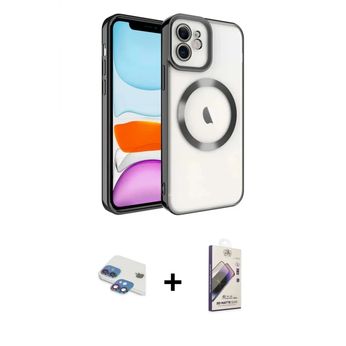 ieg™ iPhone 11 Kılıf Nova Işık Özel Seri - Siyah Bilvis 3D Mat Cam Ekran Koruyucu + Pers Alüminyum Kamera Lens - GI