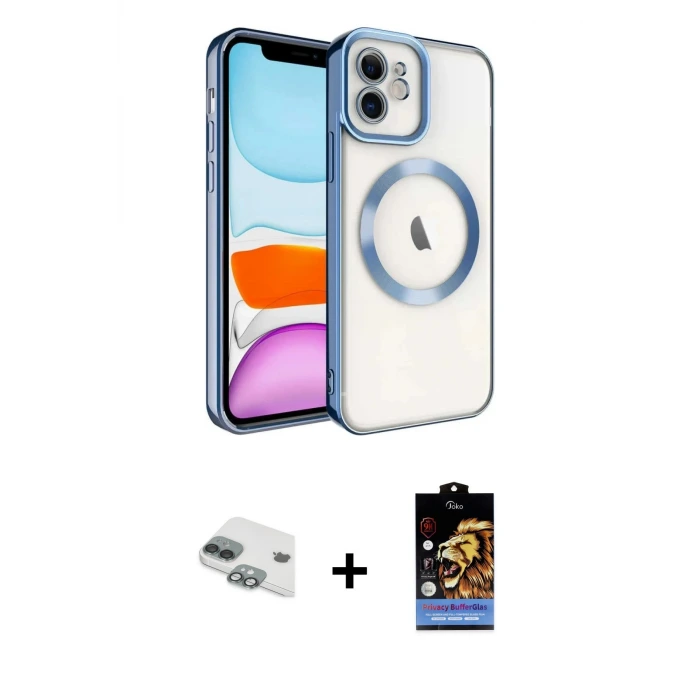 ieg™ iPhone 11 Kılıf Nova Işık Özel Seri - Siyah Buffer Hayalet Cam Ekran Koruyucu + Pers Alüminyum Kamera Lens - YL