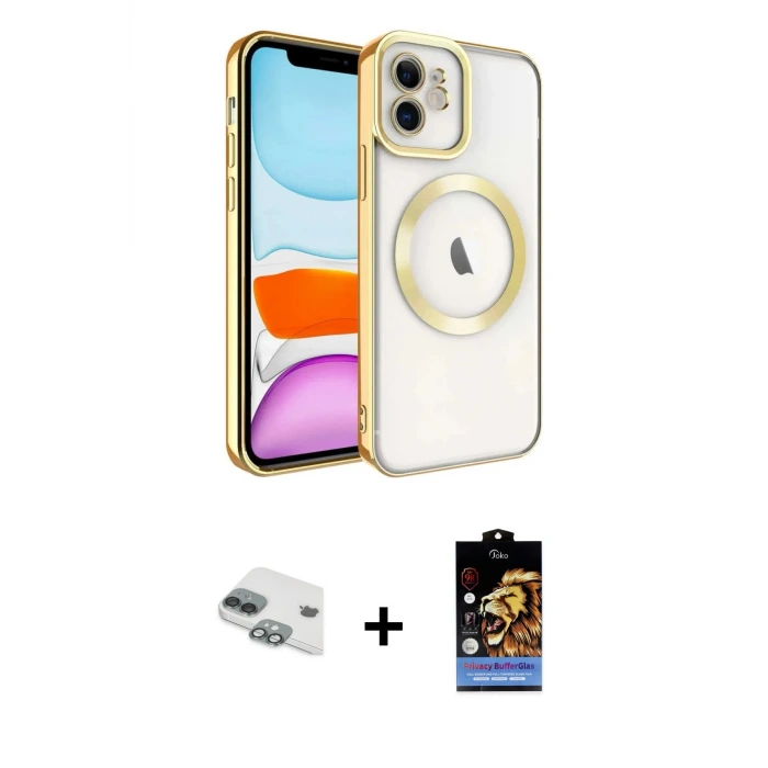 ieg™ iPhone 11 Kılıf Nova Işık Özel Seri - Siyah Buffer Hayalet Cam Ekran Koruyucu + Pers Alüminyum Kamera Lens - YL